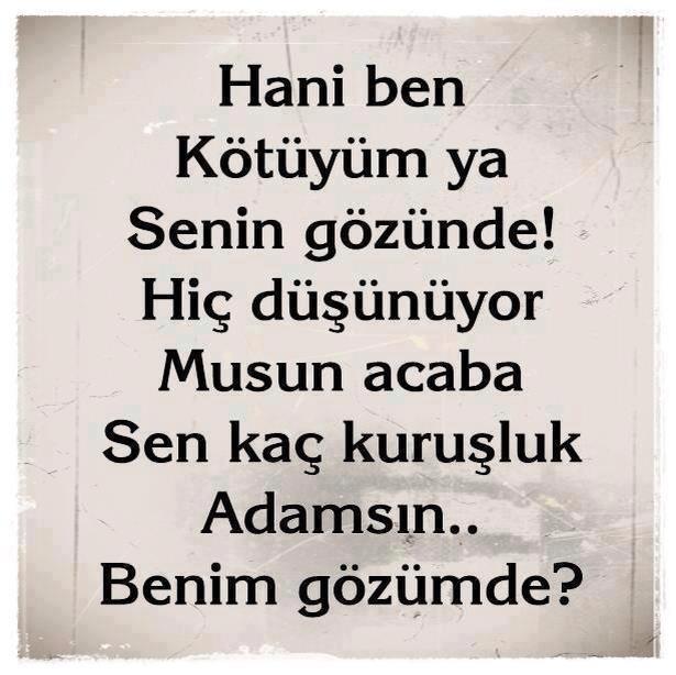 Hani ben kötüyüm ya senin gözünde!
Hiç düşünüyor musun acaba?
Sen kaç kuruşluk adamsın..
Benim gözümde?