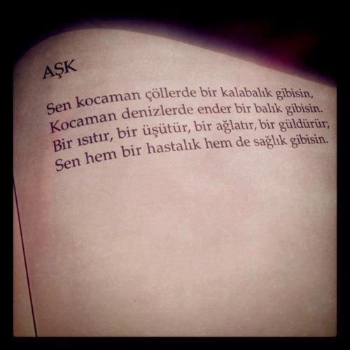 Aşk
Sen kocaman çöllerde bir kalabalık gibisin
Kocaman denizlerde ender bir balık gibisin
Bir ısıtır, bir üşütür, bir ağlatır, bir güldürür
Sem hem bir hastalık hemde sağlık gibisin.