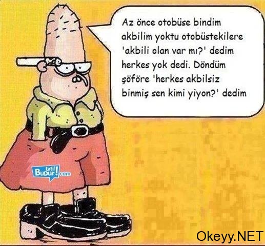 Az önce otobüse bindim akbilim yoktu, otobüsdekilere "akbili olan var mı" dedim herkes yok dedi.  Döndüm şöfere " Herkez akbilsiz binmiş, sen kimi yiyon" dedim
Bahattin marley