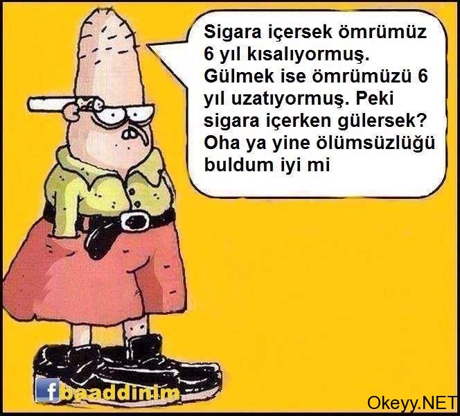 Sigara içersek ömrümüz 6 yıl kısalıyormuş. Gülmek ise ömrü 6 yıl uzatıyormuş. Peki sigara içerken gülersek? Oha ya yine ölümsüzlüğü buldum iyi mi
Bahattin marley